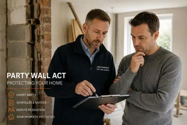 Party wall surveyor Newbury discussing extension plans with homeowner outside a UK semi-detached house.